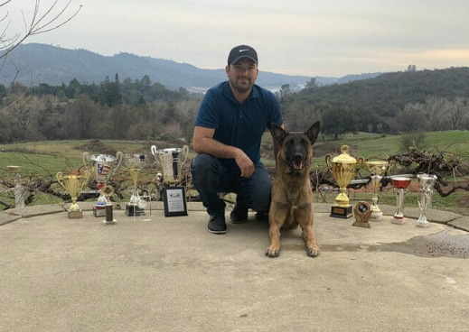 Professional trainer with trained protection dog at outdoor training ground